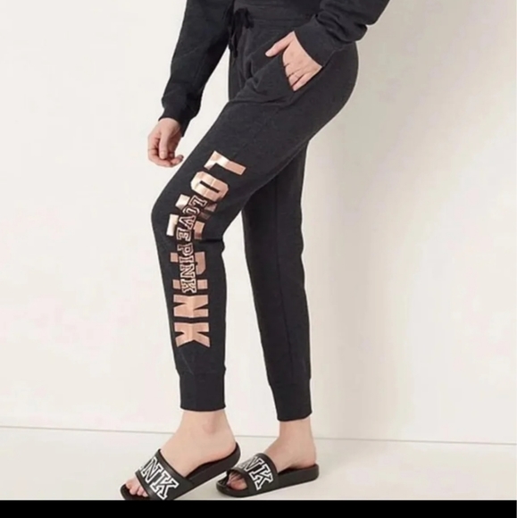 New VS PINK SKINNY JOGGERS ROSE GOLD FOIL - Picture 4 of 8